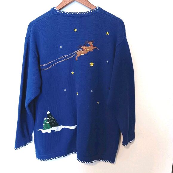 Vintage 90s Quacker Factory Christmas Village Cardigan Sweater Blue Size L - Picture 8 of 13